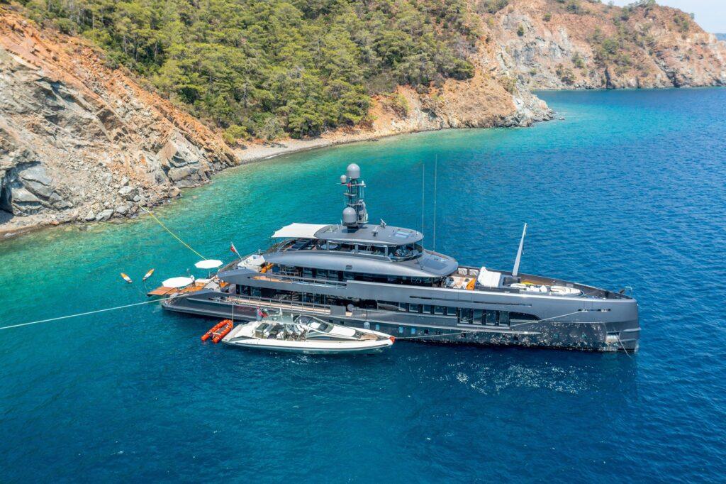 Aerial,Drone,Photo,Of,Modern,Yacht,In,Mediterranean,Port,With